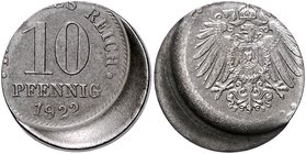 Ersatzmünzen des 1. Weltkrieges 10 Pfennig 1922 stark dezentriert J. 299. 
 vz