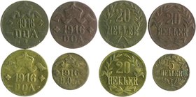 Deutsch-Ostafrika Lot von 4 Stücken: Notmünzen aus Tabora, 5 Heller 1916 T (J. 723), 2x 20 Heller 1916 T mit großer Krone, Zweigen unter Wertangabe un...