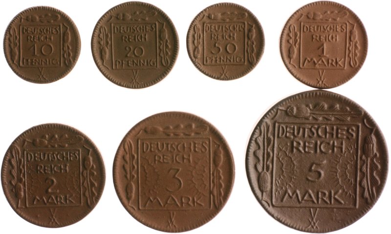 Nebengebiete - Lots Serie 1920 von 7 braunen Porzellanmünzen: 10 Pfennig (5077.3...
