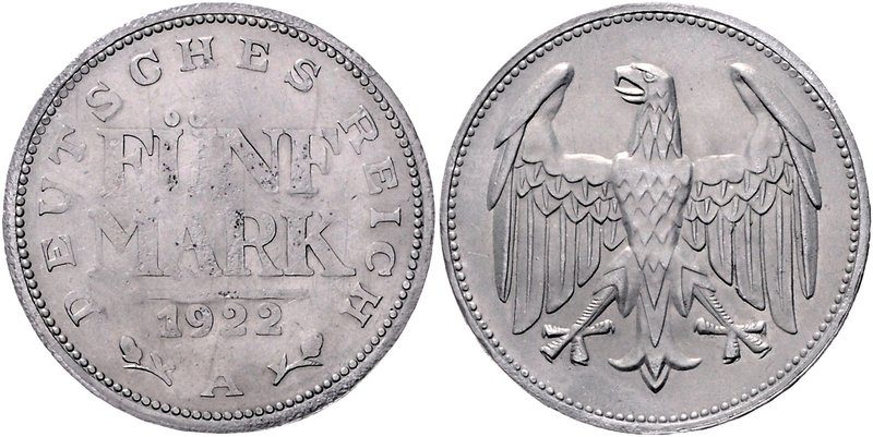 Weimarer Republik 5 Mark 1922 A Probe: Wertangabe in 3 Zeilen, Adler ohne Umschr...