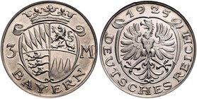 Weimarer Republik Probe zu 3 Mark 1925 ohne Mzz. Modell von Karl Goetz in Silber Schaaf 320a/ G2. 
glatter Rand, winz.Rf. f.st