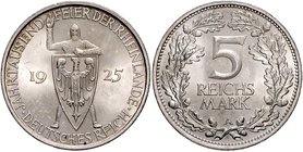 Weimarer Republik 5 Reichsmark 1925 A Zur Jahrtausendfeier der Rheinlande J. 322. 
kl.Kr., winz.Rf. vz-st
