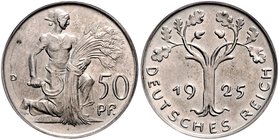 Weimarer Republik 50 Pfennig 1925 Motivprobe von Karl Goetz. J. zu324. Schaaf vgl. 324G3 (Ag). 
Aluminium, 2,6 g - in diesem Material sehr selten vz