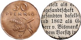 Weimarer Republik 50 Pfennig o.J. D Einseitige Motivprobe der Vorderseitendarstellung von Karl Goetz, geprägt auf dünnem Kupferblech, rückseitig Papie...