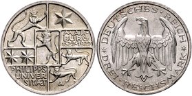 Weimarer Republik 3 Reichsmark 1927 A 400 Jahre Philipps-Universität Marburg J. 330. 
 vz