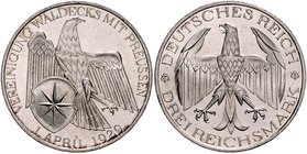 Weimarer Republik 3 Reichsmark 1929 A Zur Vereinigung Waldecks mit Preussen J. 337. 
 vz-st