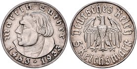 Drittes Reich 5 Reichsmark 1933 A Zum 450. Geburtstag von Martin Luther J. 353. 
 ss-vz