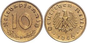 Drittes Reich 10 Reichspfennig 1946 D Materialprobe in Eisen, messingplattiert. Größe, Material und Gewicht sind identisch mit den 10 Pfennig Stücken ...