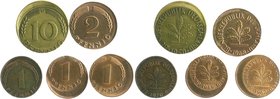 Bundesrepublik Deutschland Lot von 5 Fehlprägungen: 1 Pfennig 1967 G, 1969 G, 1970 D, 2 Pfennig 1968 G u. 10 Pfennig 1950 G, alle dezentriert J. zu 38...