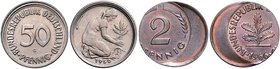 Bundesrepublik Deutschland Lot von 2 Fehlprägungen: 2 Pfennig 1966 D und 50 Pfennig 1950 G, beide dezentriert J. zu381 , 384. 
 f.st u. unz