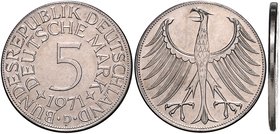 Bundesrepublik Deutschland 5 Deutsche Mark 1971 D Materialprobe in Nickel. Rand glatt ohne Randschrift. Stark magnetisch. J. zu387. Schaaf -. Beckenb....