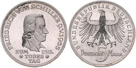 Bundesrepublik Deutschland 5 Deutsche Mark 1955 F Zum 150. Todestag von Friedrich von Schiller J. 389. 
 vz-st
