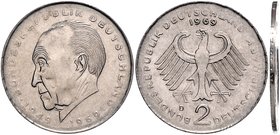 Bundesrepublik Deutschland 2 Deutsche Mark 1969 D Konrad Adenauer (20 Jahre Grundgesetz) - Fehlprägung auf dünnem Schrötling (1/2 Stärke), dementsprec...