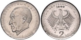 Bundesrepublik Deutschland 2 Deutsche Mark 1969 G Konrad Adenauer (20 Jahre Grundgesetz) - Fehlprägung auf dünnem Schrötling (1/2 Stärke), dementsprec...