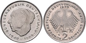 Bundesrepublik Deutschland 2 Deutsche Mark 1970 G Theodor Heuss (20 Jahre Grundgesetz) - Fehlprägung auf dünnem Schrötling (1/2 Stärke), dementspreche...