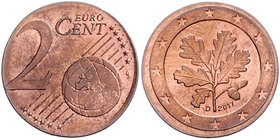 Bundesrepublik Deutschland 2 Cent 2017 D Fehlprägung auf zu kleinem 1 Cent Rohling J. zu483. 
2,29 g prfr.
