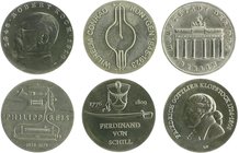 DDR Lot von 6 Stücken: 5 Mark 1968 Zum 125. Geburtstag von Robert Koch, 1970 Zum 125. Geburtstag von Wilhelm Conrad Röntgen, 1987 Brandenburger Tor, 1...