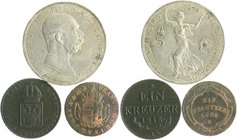 RDR - Österreich Franz Joseph I. 1848-1916 Lot von 3 Stücken: 1 Kreuzer 1802 H - Günzburg (Her. 1073), 5 Kronen 1908 auf das 60-jährige Regierungsjubi...