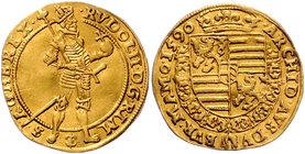RDR - Länder - Böhmen Rudolf II. 1576-1612 Dukat 1590 Prag Münzmeister Lazar Erker Friedb. 12. Dietiker 430. Doneb. 1446. 
 ss-vz