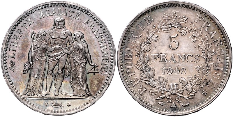 Frankreich II. République 1848-1852 5 Francs 1848 A - Paris KM 756. 
dunkle Pat...