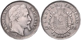 Frankreich Napoléon III. 1852-1871 20 Francs 1866 BB zeitgenössische Platin-Fälschung Fuchs 29. Gad. 1062 Anm. Schlumb. 352.1. 
selten ss-vz