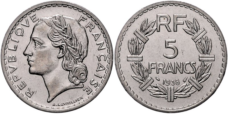 Frankreich III. République 1871-1940 5 Francs 1938 Lavrillier en nickel Gad. 760...