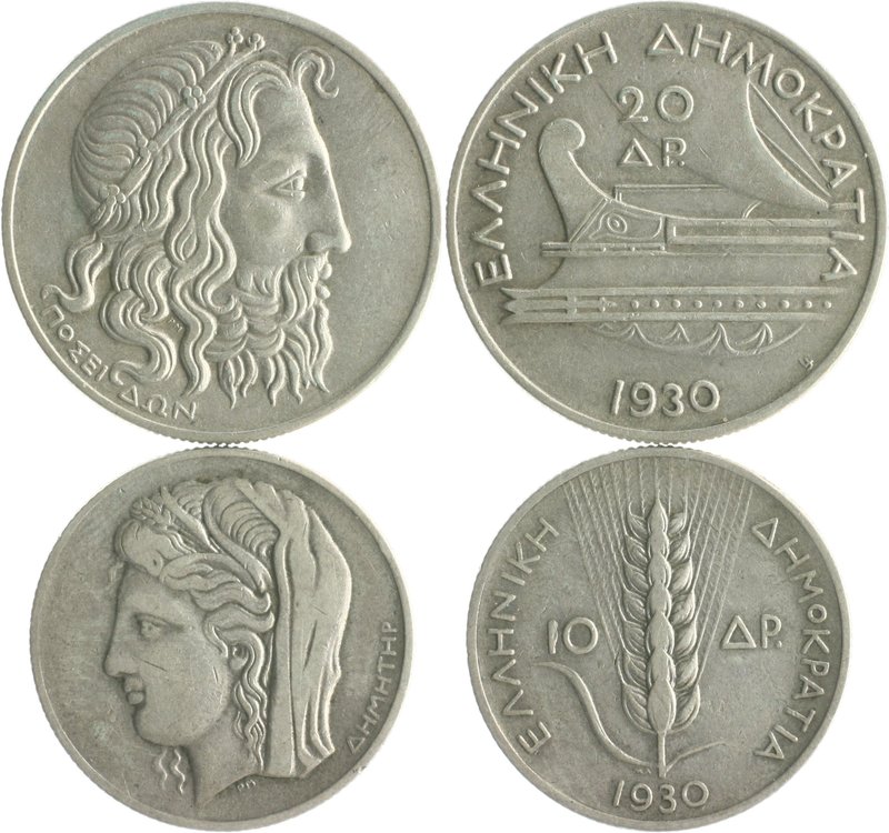 Griechenland Republik 1924-1935 Lot von 2 Stücken: 10 und 20 Drachmen 1930 KM 72...