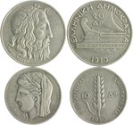 Griechenland Republik 1924-1935 Lot von 2 Stücken: 10 und 20 Drachmen 1930 KM 72,73. Divo 104, 105. 
 ss-vz u. vz