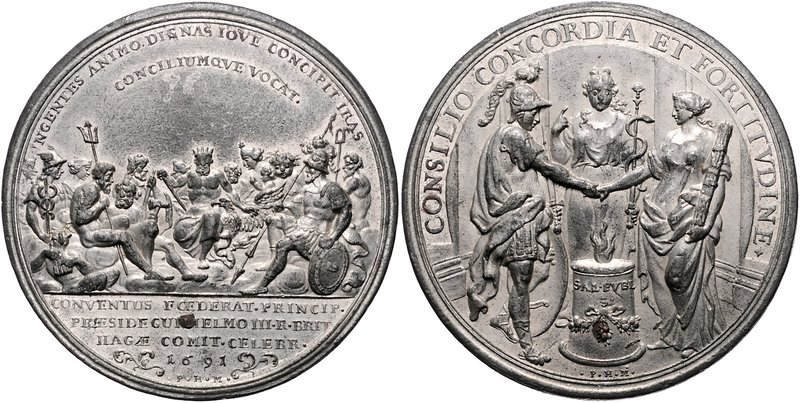 Großbritannien William III. u. Maria II. 1688-1694 Zinnmedaille 1691 (v. P.H.M.)...