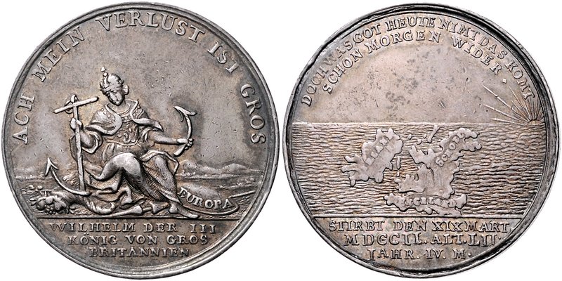 Großbritannien William III. 1694-1702 Silbermedaille 1702 (unsign.) auf seinen T...