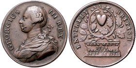 Großbritannien George III. 1760-1820 Bronzemedaille 1760 (unsign.) a.s. Proklamation zum König 
35,3mm 19,4g ss