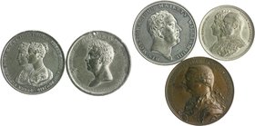 Großbritannien - Lots Lot von 6 Stücken: Bronzemedaille 1820 (v. CHK) a.d. 60-jährige Regierungsjubiläum von George III. (vz, 48,0m 58,1g), Zinnmedail...
