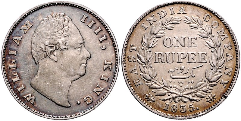 Britisch-Indien Wilhelm IV. 1830-1837 1 Rupie 1835 KM 450. 
Rf. ss-vz
