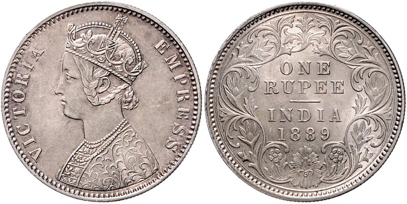 Britisch-Indien Kaiserin Victoria 1876-1901 1 Rupie 1889 KM 492. 
 vz-st