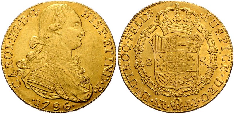 Kolumbien Carlos IV. 1788-1808 8 Escudos 1796 NR-JJ Santa Fé Friedb. 51. Schlumb...