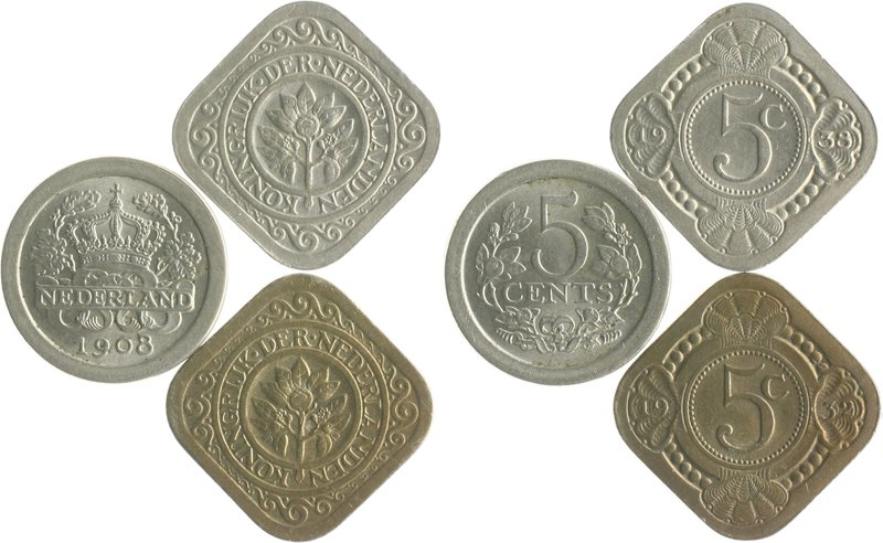 Niederlande Wilhelmina 1890-1948 Lot von 3 Stücken: 5 Cents 1908, 1932 u. 1938 K...