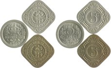 Niederlande Wilhelmina 1890-1948 Lot von 3 Stücken: 5 Cents 1908, 1932 u. 1938 KM 137, 153. 
 vz-st