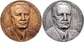Polen Volksrepublik Lot von 2 Bronzemedaillen (1x versilbert): 1979 (unsign.) auf den Politiker Boleslaw Bierut 1892-1956 
je 69,5mm 145,0g vz