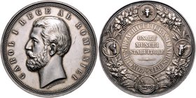 Rumänien Carol I. als König 1881-1914 Silbermedaille o.J. (v. Kullrich) Prämie für Landwirtschaft und Industrie Sommer K148. 
kl.Rf., 59,0mm 80,2g vz...