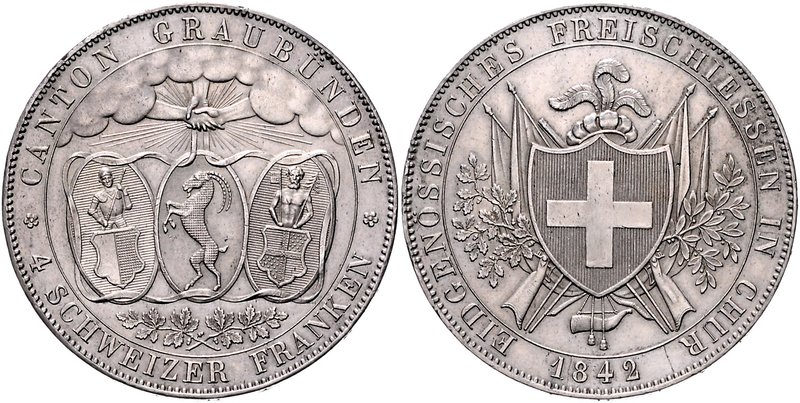 Schweiz - Graubünden 4 Franken 1842 a.d. Eidgenössische Freischießen in Chur Dav...