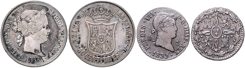 Spanien Isabel II. 1833-1868 40 Centimos 1865 m. 6-strahligem Stern, dazu 2 Mara...