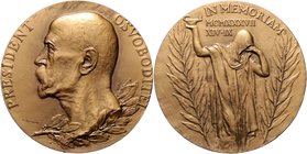 Tschechoslowakei Erste Republik 1918-1938 Bronzemedaille 1937 (v. Spaniel) a.d. Tod von Präsident Osvoboditel, i.Rd: Punze MINCOVNA KREMNICA Punze 
k...