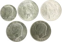 USA Lot von 5 Stücken: Silber Dollar 1886, 1923 Peace u. 1971S Eisenhower u. Mondlandung, 1 Cu/Ni Dollar 1971 Eisenhower u. Mondlandung und 1/2 Silber...