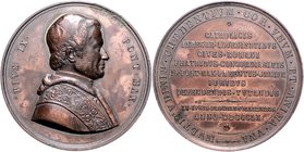 Vatikan Pius IX. 1846-1878 Bronzemedaille 1860 (v. Zaccagnini) a.d. ausländischen Pilger des Osterfestes 
fleckige Patina, 58,6mm 90,9g vz