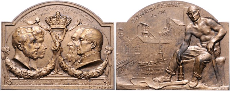 - Bergbau - Belgien - Mariemont Bronze-Plakette 1903 (v. Rombaux) a.d. Besuch de...