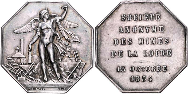 - Bergbau - Frankreich - Saint-Etienne Silbermedaille 1874 achteckig (v. Borrel)...