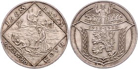 - Bergbau - Tschechoslowakei Silbermedaille 1928 (v. O. Spaniel) auf 10 Jahre Republik, in den vier Abschnitten tschechische Inschriften: Ich bin gepr...