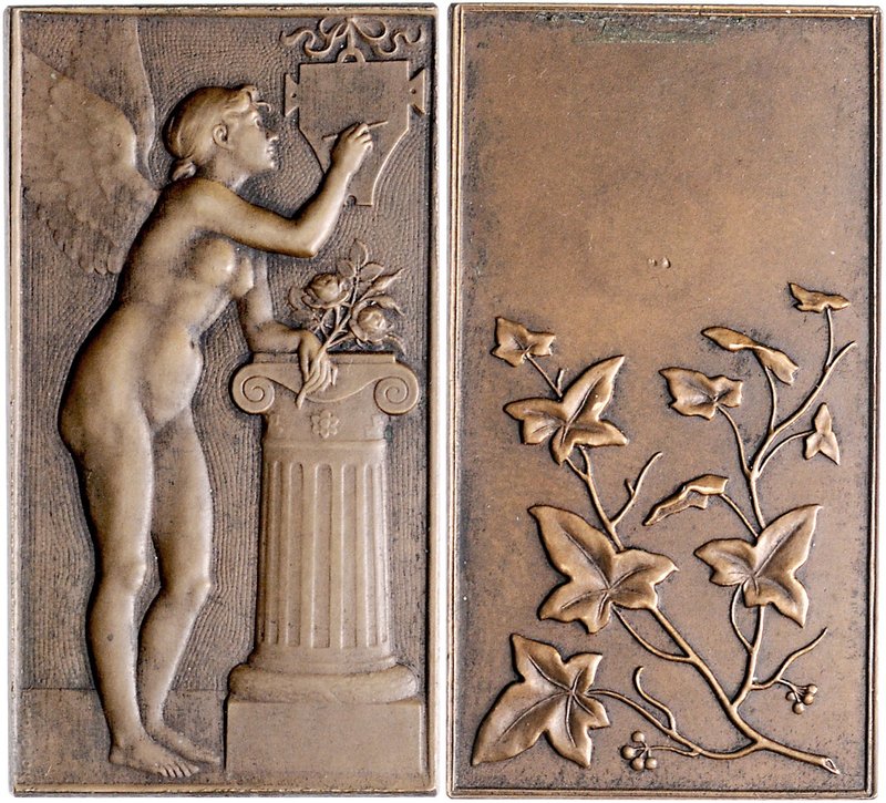 - Jugendstil Bronze-Plakette o.J. (v. Mouchon) Weiblicher Genius neben Säule, i....