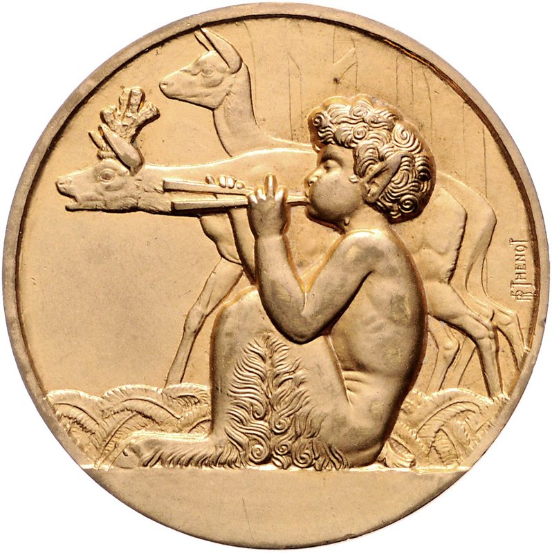 - Jugendstil Bronzemedaille o.J. vergoldet (v. Thenot) mit Darstellung eines sit...