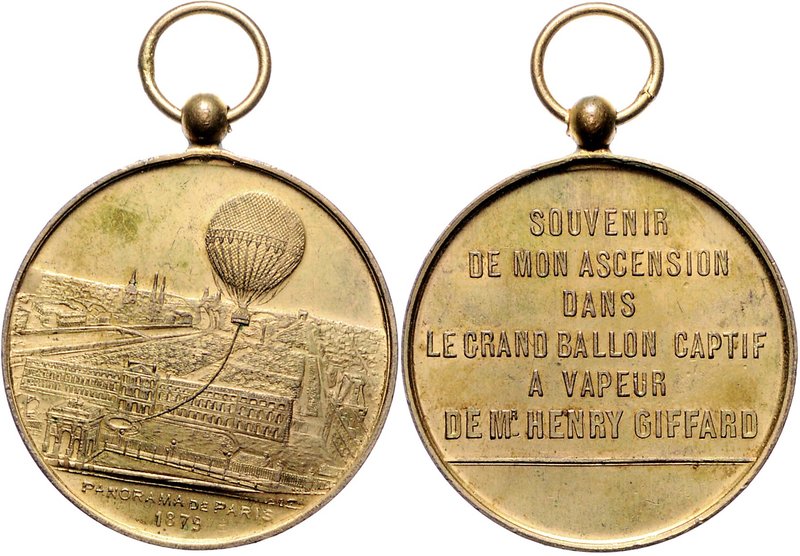 - Luftfahrt Bronzemedaille 1879 vergoldet a.d. Fahrt des größten Gas-Ballons übe...